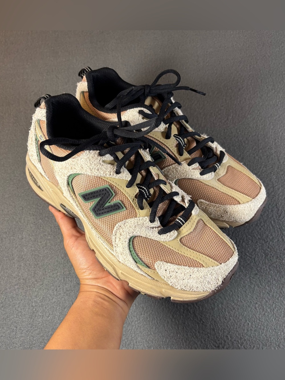 New Balance Beige, Tan & Green Layered Runner Sneakers